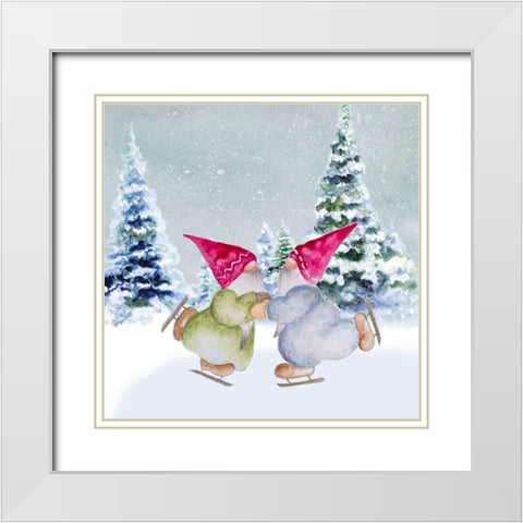 Gnomes Ice Skating II White Modern Wood Framed Art Print with Double Matting by Gaynor, Janice