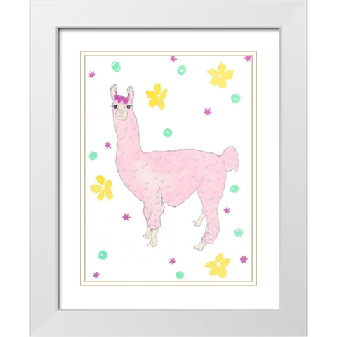 Pink Llama White Modern Wood Framed Art Print with Double Matting by Torres, Melanie