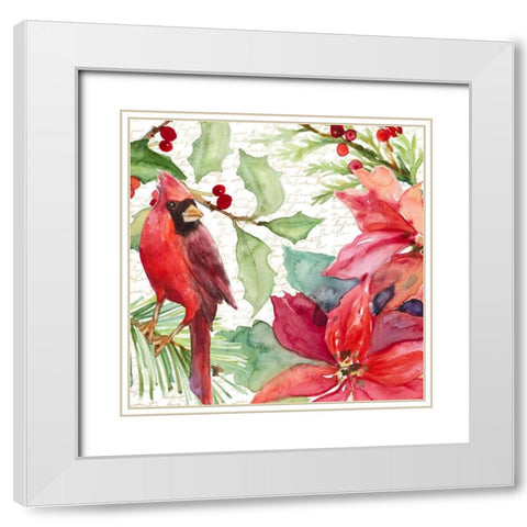 Poinsettia and Cardinal II White Modern Wood Framed Art Print with Double Matting by Loreth, Lanie