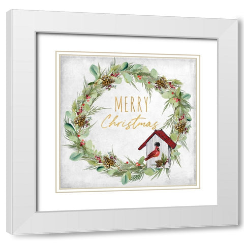 Merry Christmas Wreath and Bird House White Modern Wood Framed Art Print with Double Matting by Loreth, Lanie