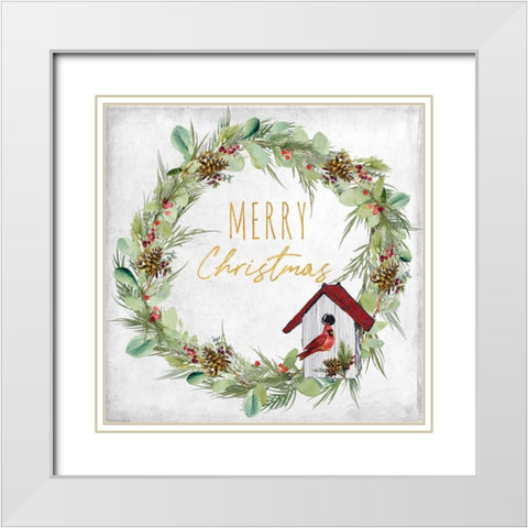 Merry Christmas Wreath and Bird House White Modern Wood Framed Art Print with Double Matting by Loreth, Lanie