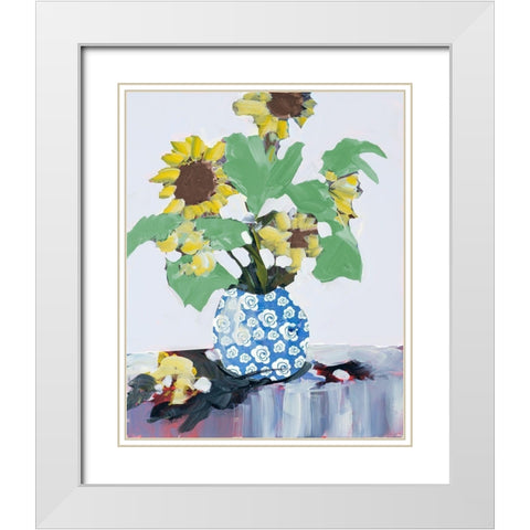 Sunflowers In Decorative Vase White Modern Wood Framed Art Print with Double Matting by Slivka, Jane