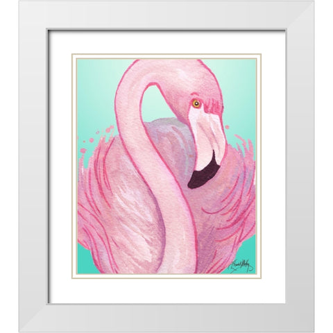 Flamingo Portrait White Modern Wood Framed Art Print with Double Matting by Medley, Elizabeth