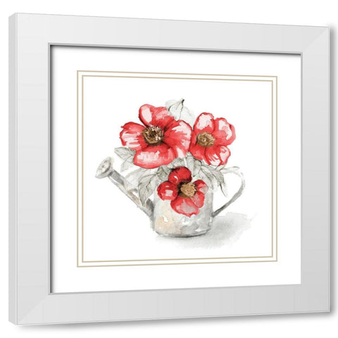 Red Florals In Watering Can I White Modern Wood Framed Art Print with Double Matting by Loreth, Lanie