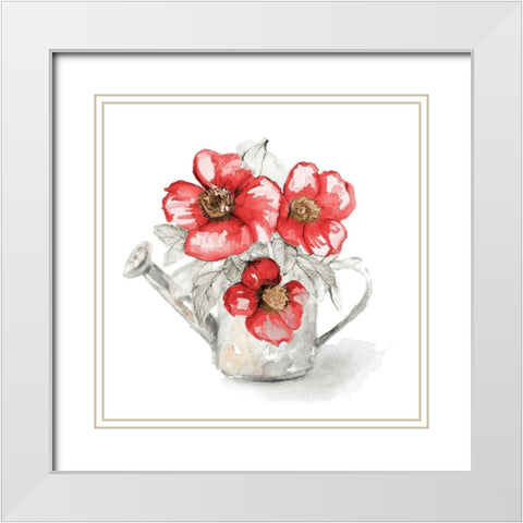 Red Florals In Watering Can I White Modern Wood Framed Art Print with Double Matting by Loreth, Lanie