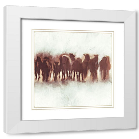 Team of Brown Horses Running White Modern Wood Framed Art Print with Double Matting by Meneely, Dan