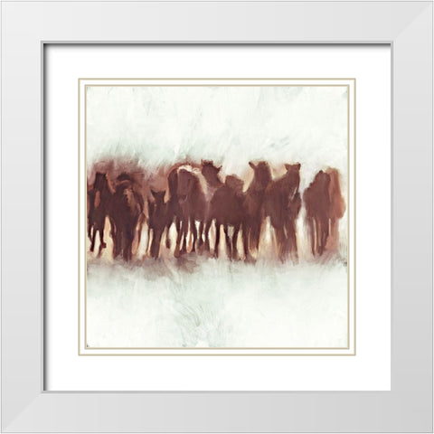 Team of Brown Horses Running White Modern Wood Framed Art Print with Double Matting by Meneely, Dan