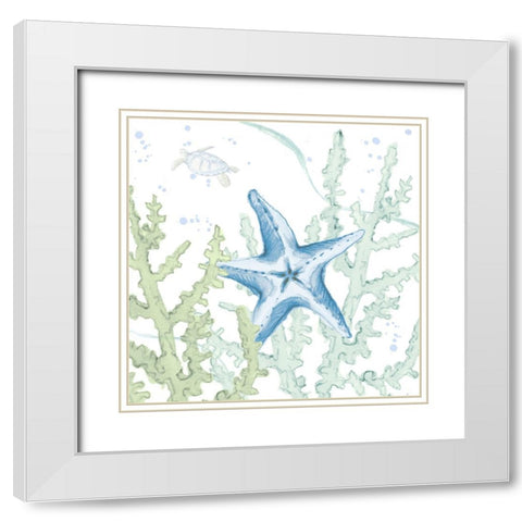 Blue Starfish In Coral White Modern Wood Framed Art Print with Double Matting by Loreth, Lanie