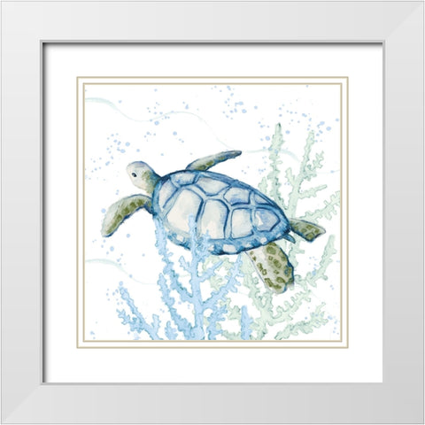 Blue Sea Turtle In Coral White Modern Wood Framed Art Print with Double Matting by Loreth, Lanie