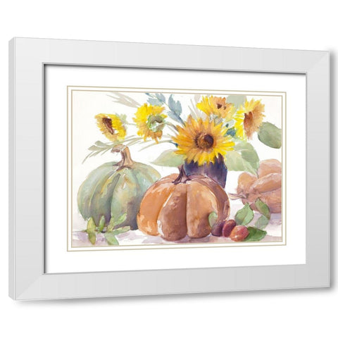 Tawny Sunflowers and Pumpkins White Modern Wood Framed Art Print with Double Matting by Loreth, Lanie