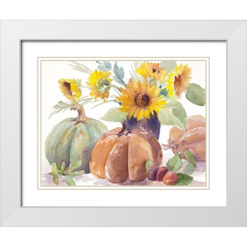 Tawny Sunflowers and Pumpkins White Modern Wood Framed Art Print with Double Matting by Loreth, Lanie
