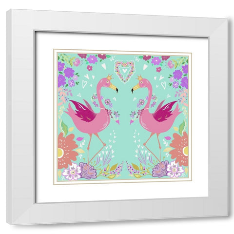 Flamingos in Love Aqua White Modern Wood Framed Art Print with Double Matting by Del Sol, Ani