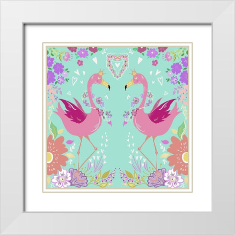 Flamingos in Love Aqua White Modern Wood Framed Art Print with Double Matting by Del Sol, Ani