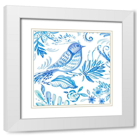 Birds in Blue I White Modern Wood Framed Art Print with Double Matting by Del Sol, Ani