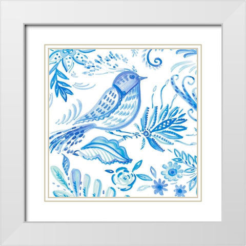 Birds in Blue I White Modern Wood Framed Art Print with Double Matting by Del Sol, Ani