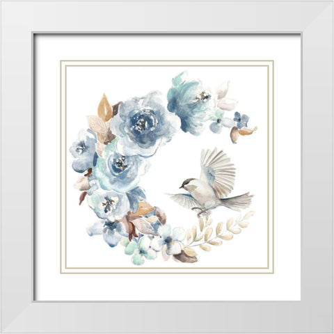 Floral with Bird I White Modern Wood Framed Art Print with Double Matting by Pinto, Patricia