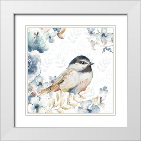 Bird on Wildflowers I White Modern Wood Framed Art Print with Double Matting by Pinto, Patricia