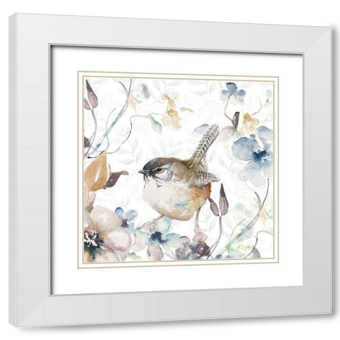 Bird on Wildflowers II White Modern Wood Framed Art Print with Double Matting by Pinto, Patricia