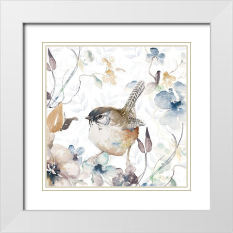Bird on Wildflowers II White Modern Wood Framed Art Print with Double Matting by Pinto, Patricia