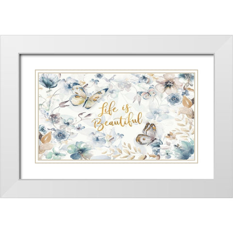 Life is Beautiful Butterfly Floral White Modern Wood Framed Art Print with Double Matting by Pinto, Patricia