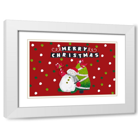 Merry Christmas Snowman and Tree White Modern Wood Framed Art Print with Double Matting by Pinto, Patricia