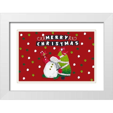 Merry Christmas Snowman and Tree White Modern Wood Framed Art Print with Double Matting by Pinto, Patricia