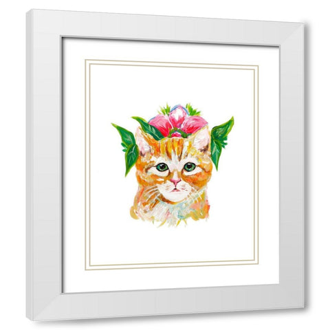 Cat with Flower Crown White Modern Wood Framed Art Print with Double Matting by Beauchamp, Andy