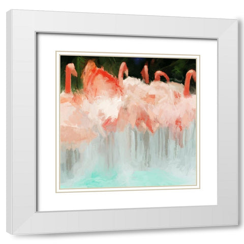 Flamingo Dance White Modern Wood Framed Art Print with Double Matting by Meneely, Dan