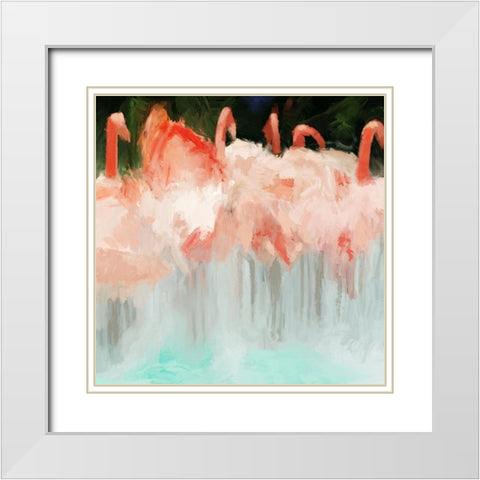 Flamingo Dance White Modern Wood Framed Art Print with Double Matting by Meneely, Dan