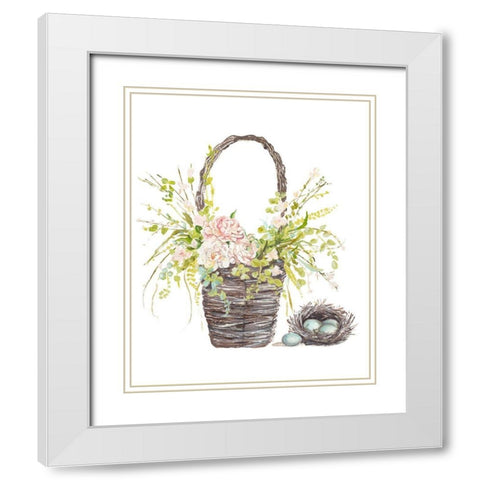 Spring Flower Basket White Modern Wood Framed Art Print with Double Matting by Pinto, Patricia