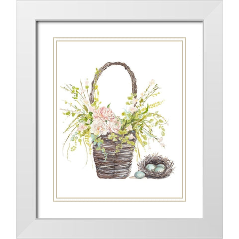 Spring Flower Basket White Modern Wood Framed Art Print with Double Matting by Pinto, Patricia