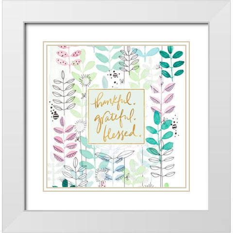 Thankful Grateful Blessed Botanicals White Modern Wood Framed Art Print with Double Matting by Krinlox
