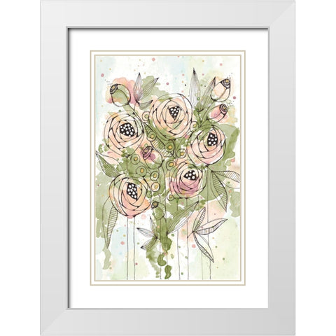 Blush and Green Floral White Modern Wood Framed Art Print with Double Matting by Krinlox