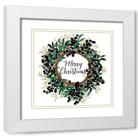 Christmas Wreath With Dark Berries White Modern Wood Framed Art Print with Double Matting by Pinto, Patricia