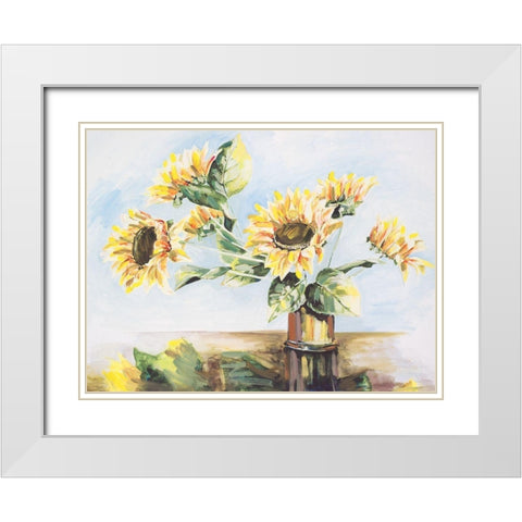 Sunflowers on Golden Vase White Modern Wood Framed Art Print with Double Matting by French-Roussia, Heather A.
