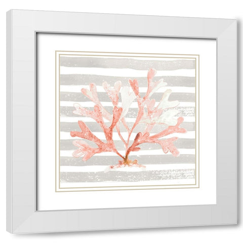 Orange Coral On Stripes White Modern Wood Framed Art Print with Double Matting by Pinto, Patricia