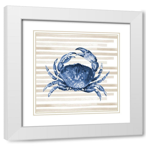 Blue Crab On Stripes White Modern Wood Framed Art Print with Double Matting by Pinto, Patricia