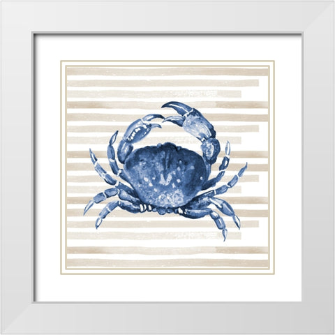 Blue Crab On Stripes White Modern Wood Framed Art Print with Double Matting by Pinto, Patricia