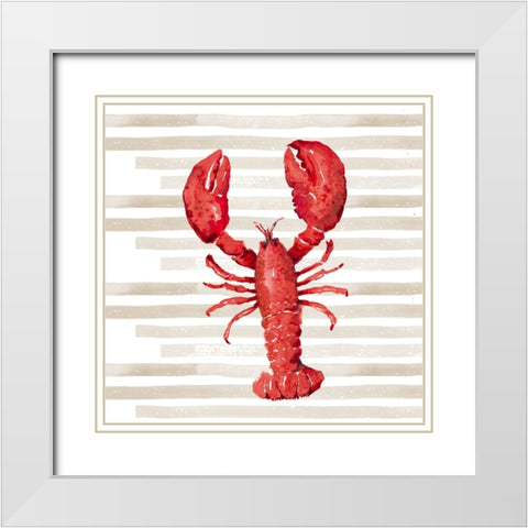 Red Lobster On Stripes White Modern Wood Framed Art Print with Double Matting by Pinto, Patricia