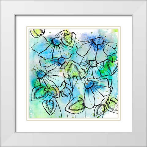 Blue Bursts and Blossoms Square White Modern Wood Framed Art Print with Double Matting by Krinlox