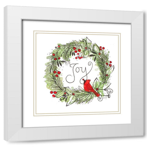 Joyful Cardinal Wreath White Modern Wood Framed Art Print with Double Matting by Krinlox
