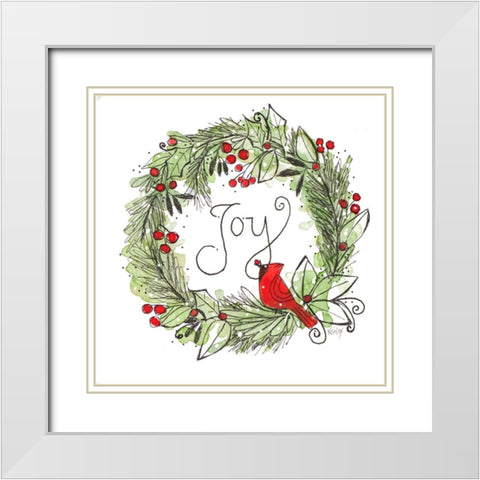 Joyful Cardinal Wreath White Modern Wood Framed Art Print with Double Matting by Krinlox