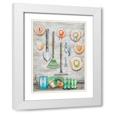 Garden Hats And Tools White Modern Wood Framed Art Print with Double Matting by Ritter, Gina