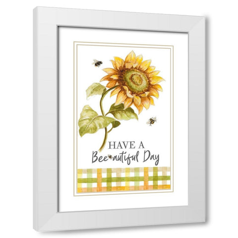 Harvest Sunflower Bee With Plaid White Modern Wood Framed Art Print with Double Matting by Pinto, Patricia