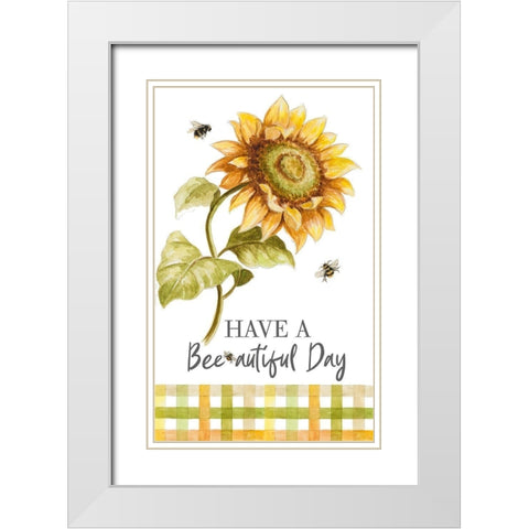 Harvest Sunflower Bee With Plaid White Modern Wood Framed Art Print with Double Matting by Pinto, Patricia