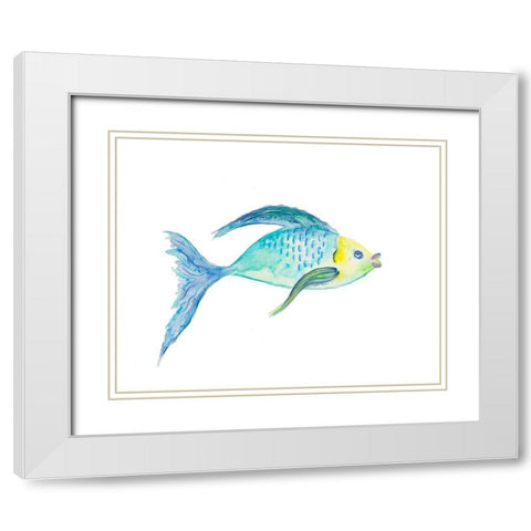 Yellow and Blue Fish I White Modern Wood Framed Art Print with Double Matting by DeRice, Julie