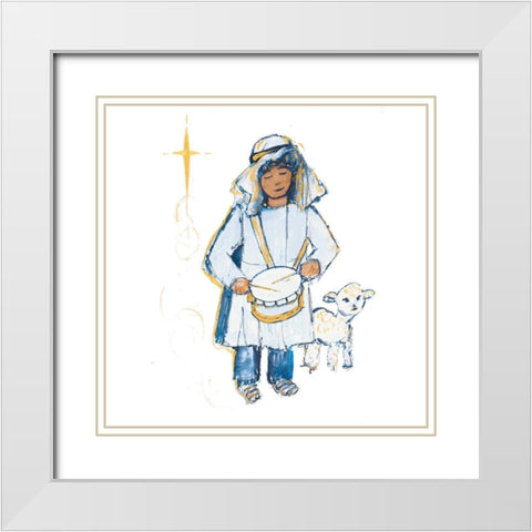 Drummer Boy And Lamb (blue and gold) White Modern Wood Framed Art Print with Double Matting by Maria, Robin