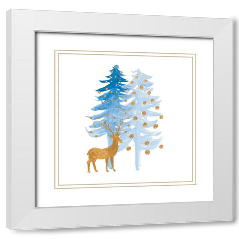 Blue and Gold Christmas Forest White Modern Wood Framed Art Print with Double Matting by Maria, Robin