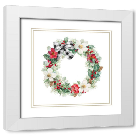 Christmas Red Rose Holly Pine Wreath White Modern Wood Framed Art Print with Double Matting by Loreth, Lanie
