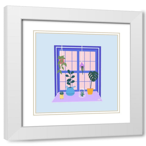 Blue Indoor Garden White Modern Wood Framed Art Print with Double Matting by Amaya